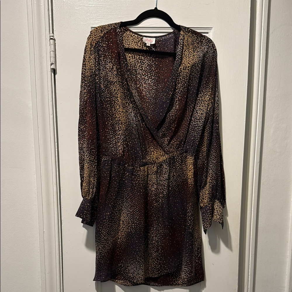 Parker Brown and Gold Sheath Dress with Bishop Sleeves